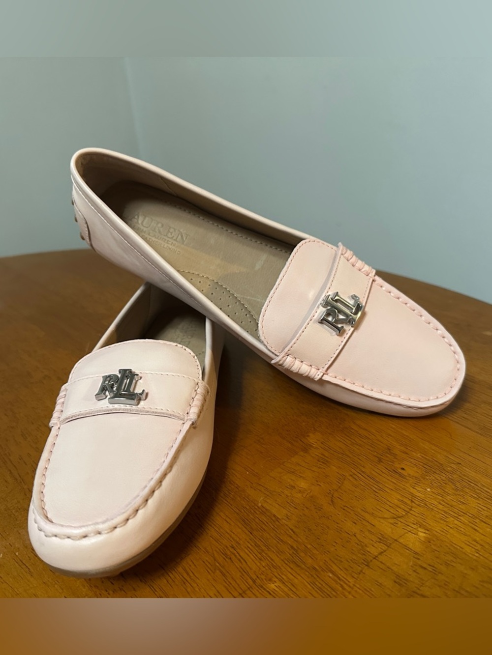 Ralph Lauren Pale Pink Leather RL Logo Loafers